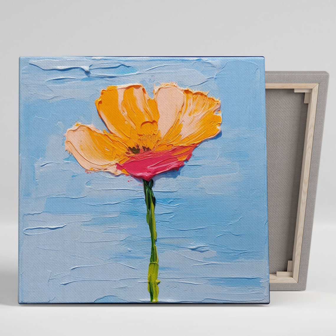 Single Orange Poppy On Blue Minimalist Impasto Flower Canvas Poster