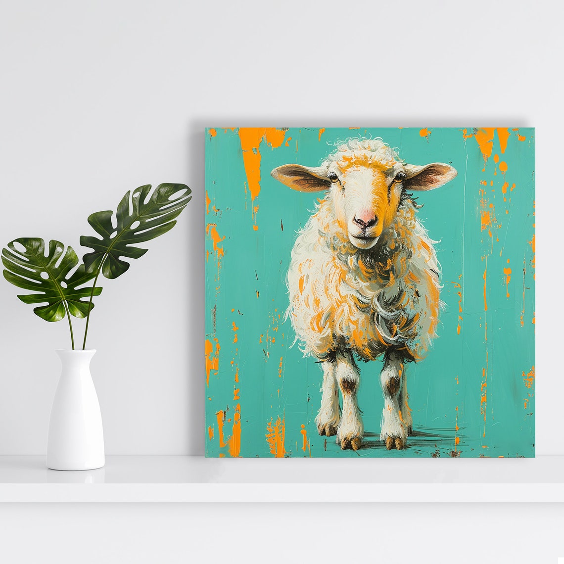 Fluffy Sheep Teal Background Orange Paint Drip Farm Wall Art - Image 2