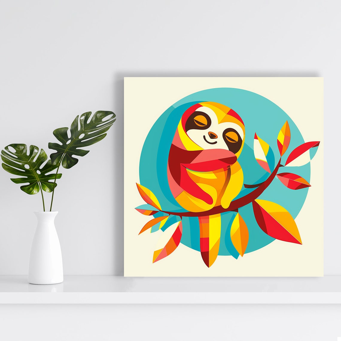 Sleeping Sloth On Branch Geometric Red Yellow Teal Circle Poster - Image 2