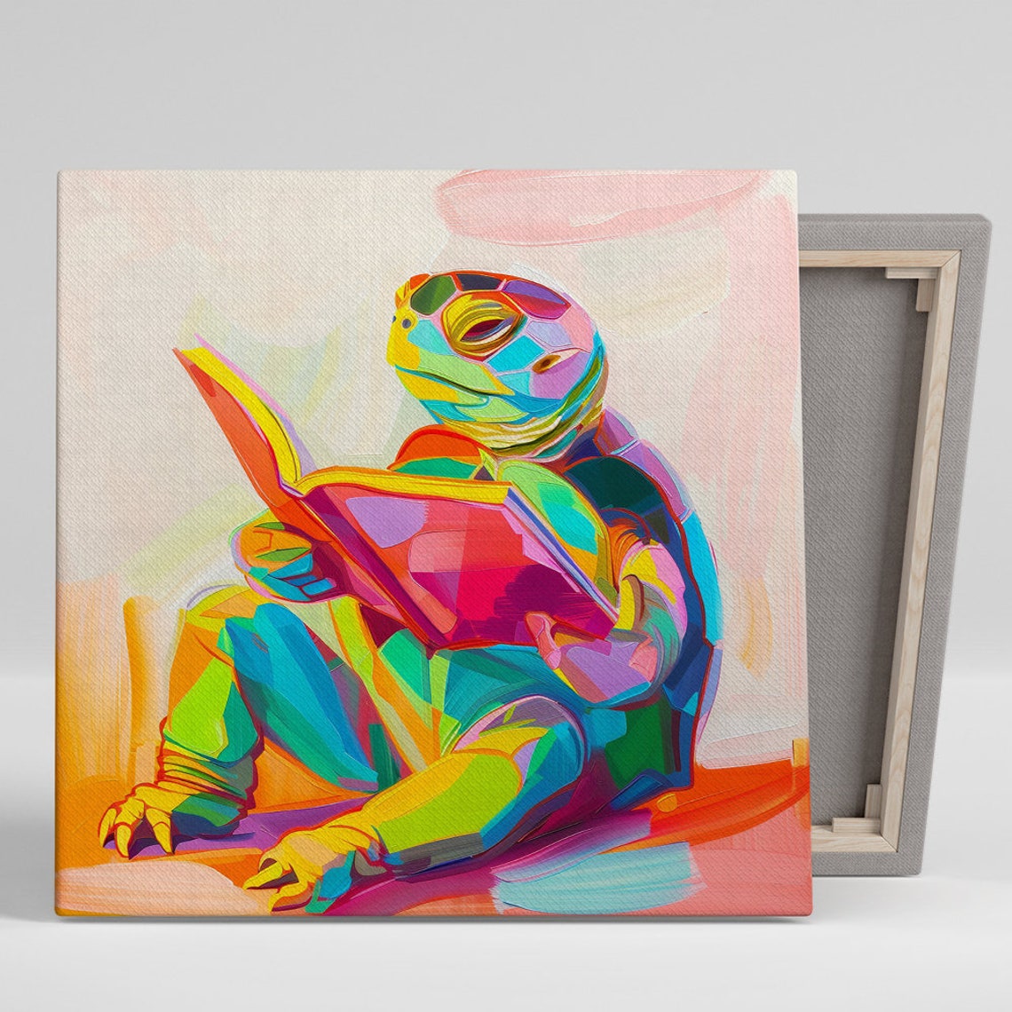 Colorful Turtle Reading Book Cozy Abstract Pop Bright Wall Art