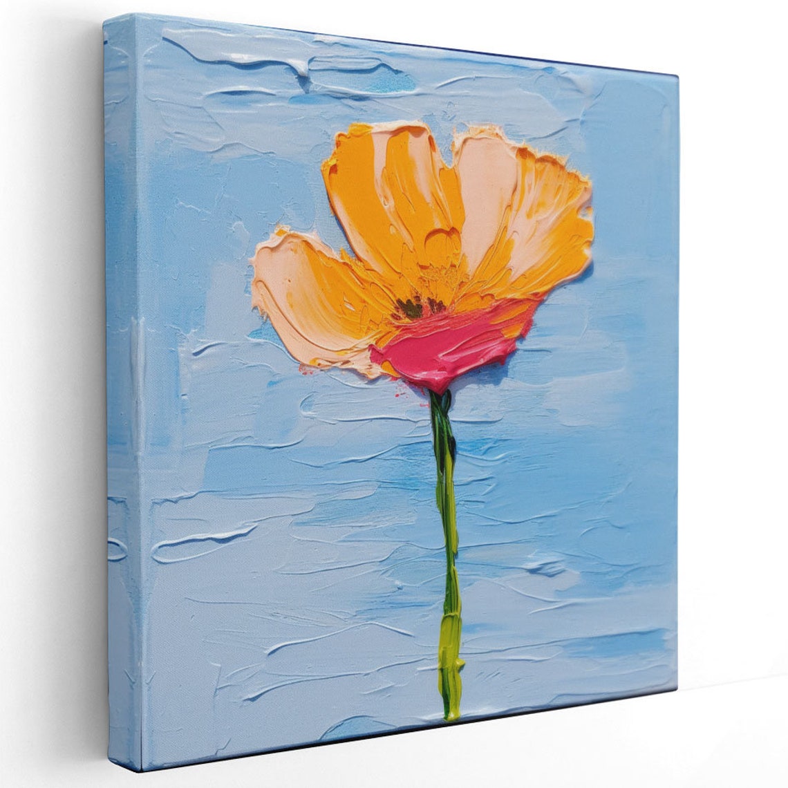 Single Orange Poppy On Blue Minimalist Impasto Flower Canvas Poster - Image 3