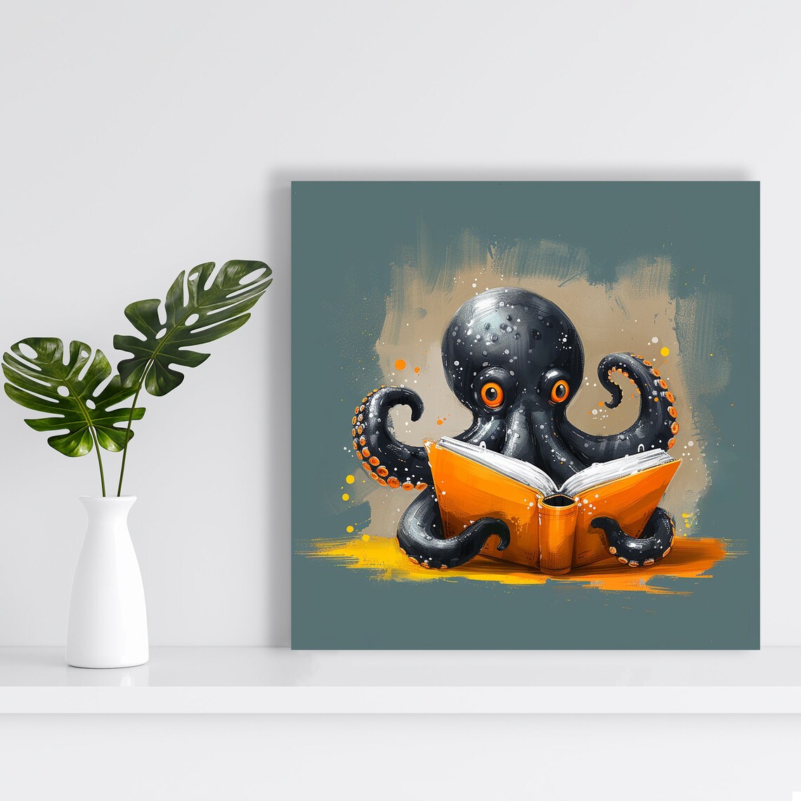 Bookworm Octopus, Whimsical Contemporary Art Print - Image 2