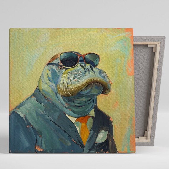 Dapper Walrus Art Or Poster Whimsical Animal Contemporary Decor Office Living Room Dining Game Room Wall Art Blue Orange Yellow