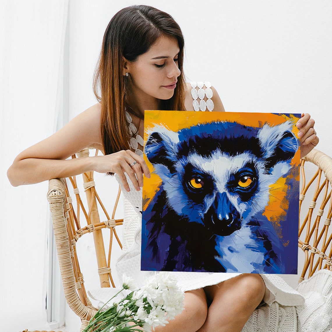 Lemur Amber Eyes Electric Blue Portrait Fiery Orange Wall Art - Image 3