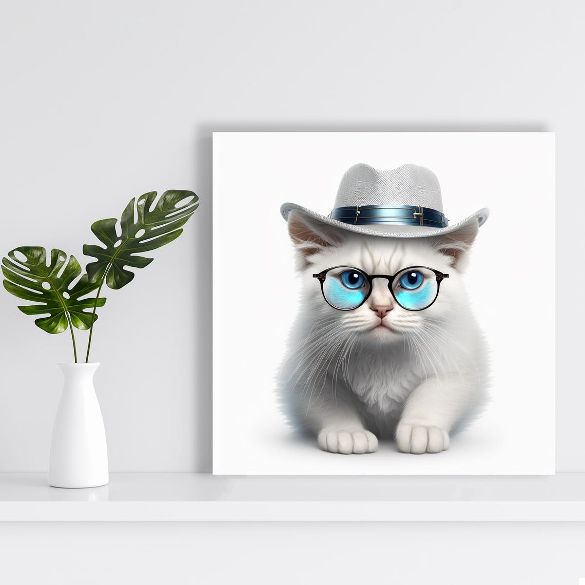 Hipster White Kitten in Fedora with Glasses Cute Dapper Animal Poster - Image 2