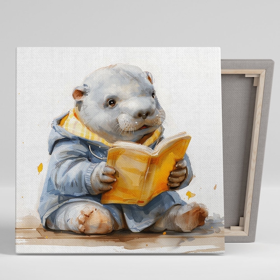 Polar Bear Cub Reading Book Cute Watercolor Nursery Animal Poster