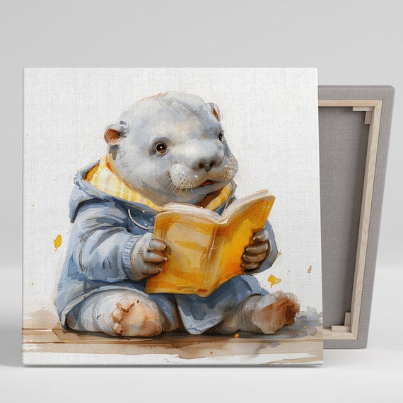 Studious Polar Bear Art Or Poster Whimsical Minimalist Decor Childrens Room Nursery Library Office Wall Art Yellow Blue Grey