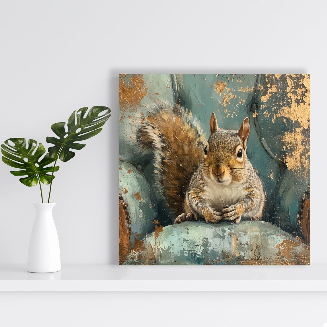 Cute Squirrel Sitting In Enchanted Teal Gold Forest Rustic Woodland Poster - Image 2