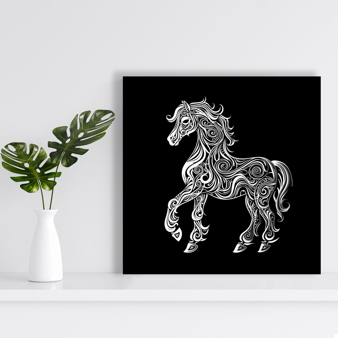 Swirling White Line Art Horse on Black Elegant Abstract Wall Poster - Image 2