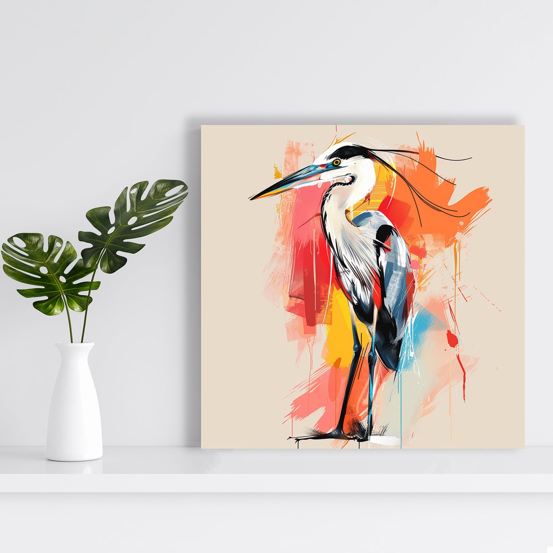 Great Blue Heron Red Orange Watercolor Elegant Coastal Bird Poster - Image 2