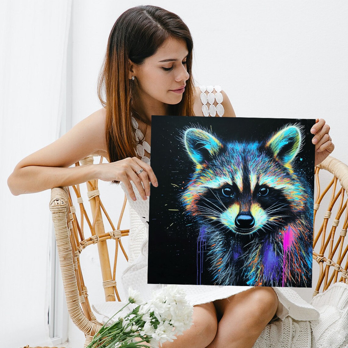 Cosmic Neon Raccoon Splash Portrait Black Background Colorful Art Poster - Image 3