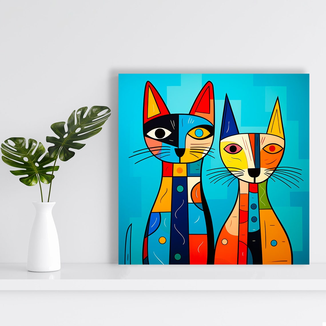 Cubist Cat Duo Colorful Geometric Cats Teal Background Pop Art Poster - Image 2