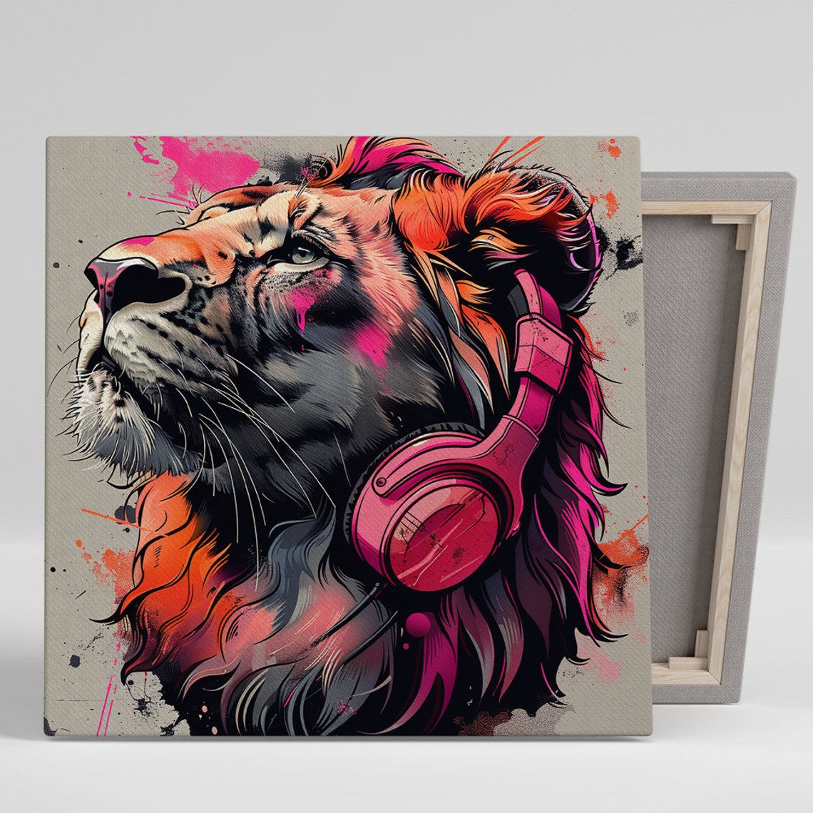 Lion Wearing Pink Headphones Graffiti Street Pop Art Wall Poster