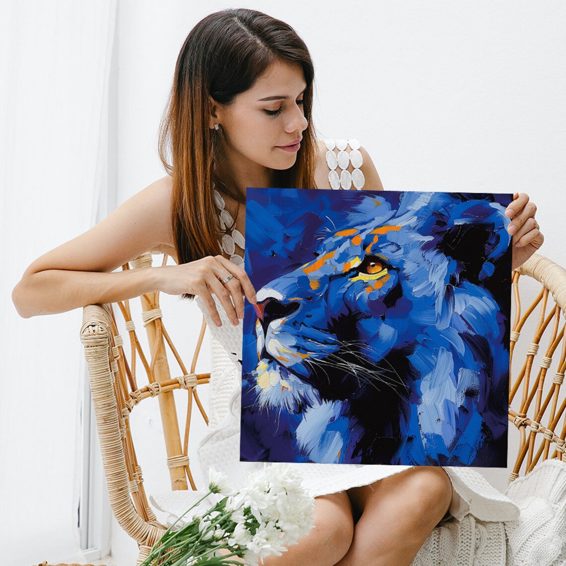 Electric Blue Lion Abstract Animal Wall Art Print - Image 3