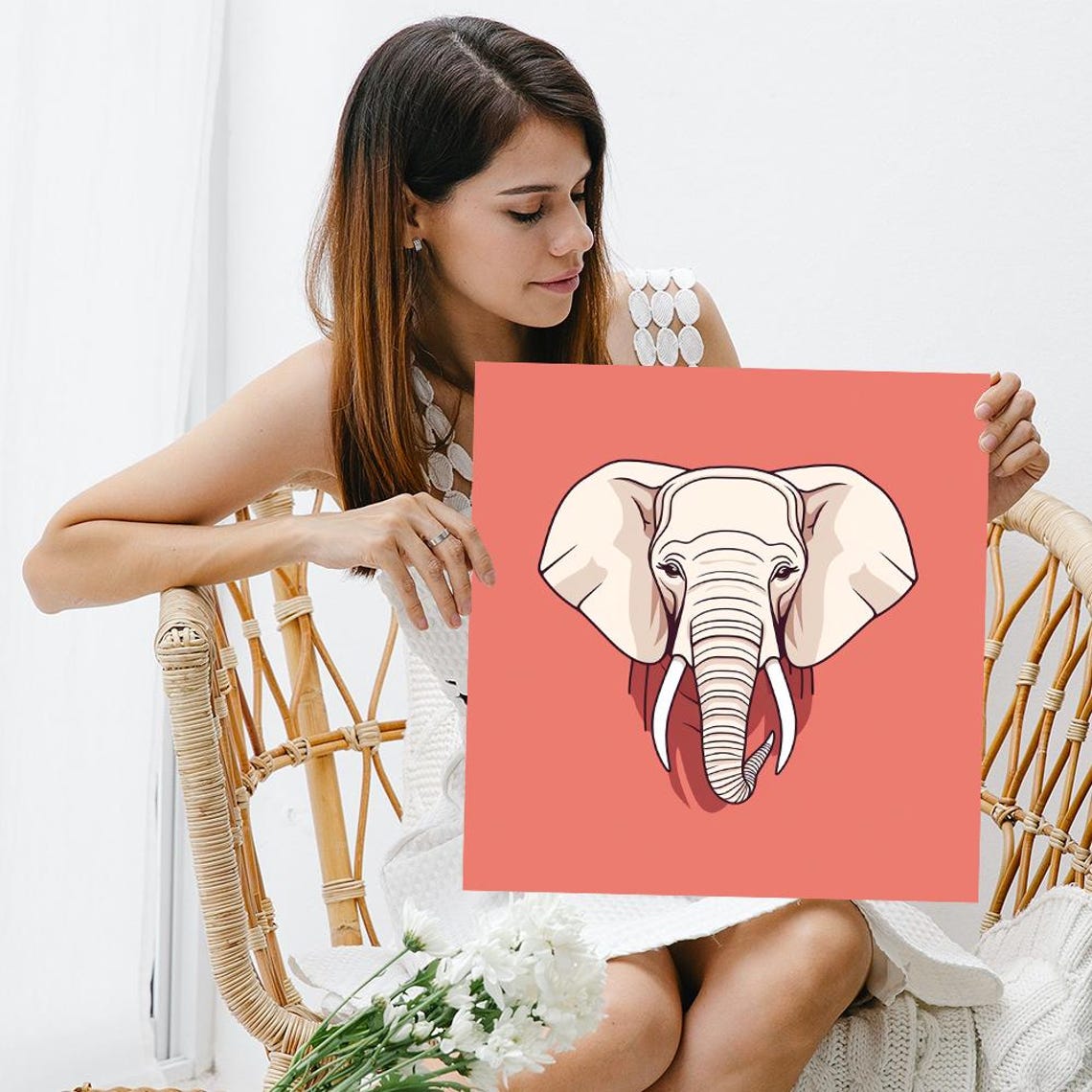 Elephant Line Art On Coral Red Minimalist Modern Animal Wall Poster - Image 3