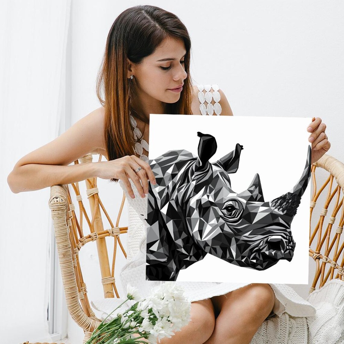 Geometric Black White Rhino Head Modern Abstract Animal Wall Art Poster - Image 3
