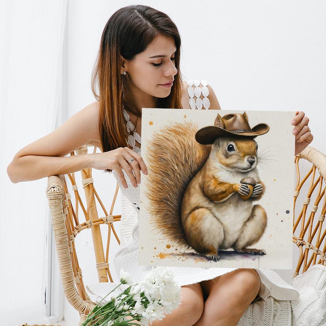 Squirrel Wearing Cowboy Hat Holding Acorn Watercolor Humor Poster - Image 3