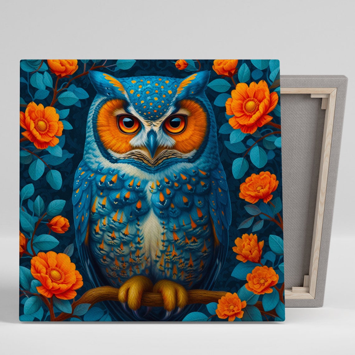 Blue Owl Orange Flowers Botanical Fantasy Vibrant Animal Poster