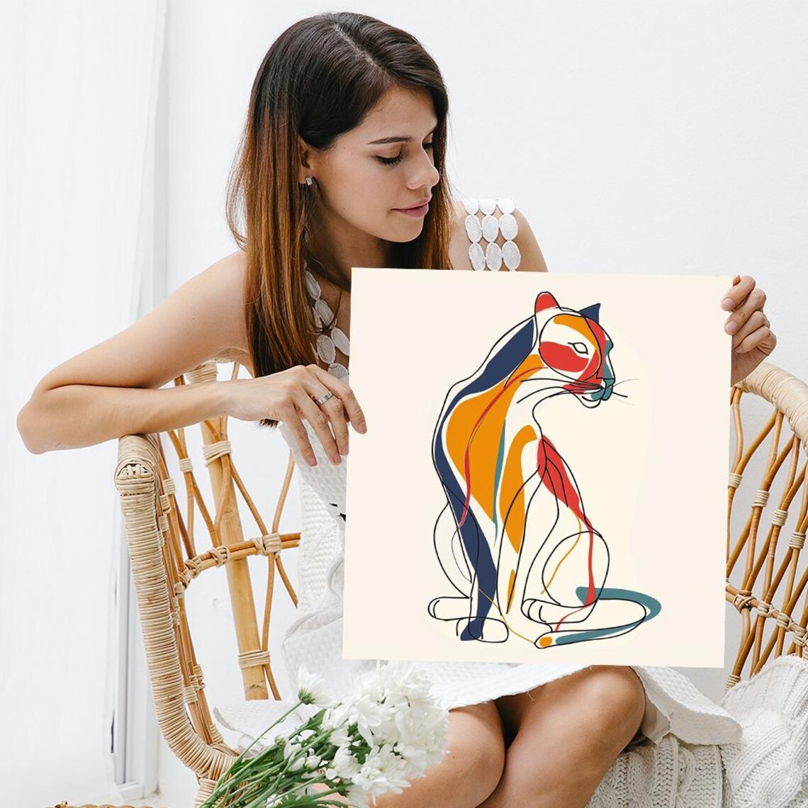 Abstract Cat Sitting Line Art Colorful Minimalist Modern Wall Art Poster Print - Image 3