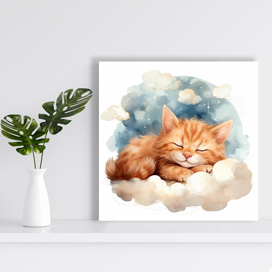 Sleeping Orange Kitten On Cloud Watercolor Dreamy Nursery Wall Art - Image 2