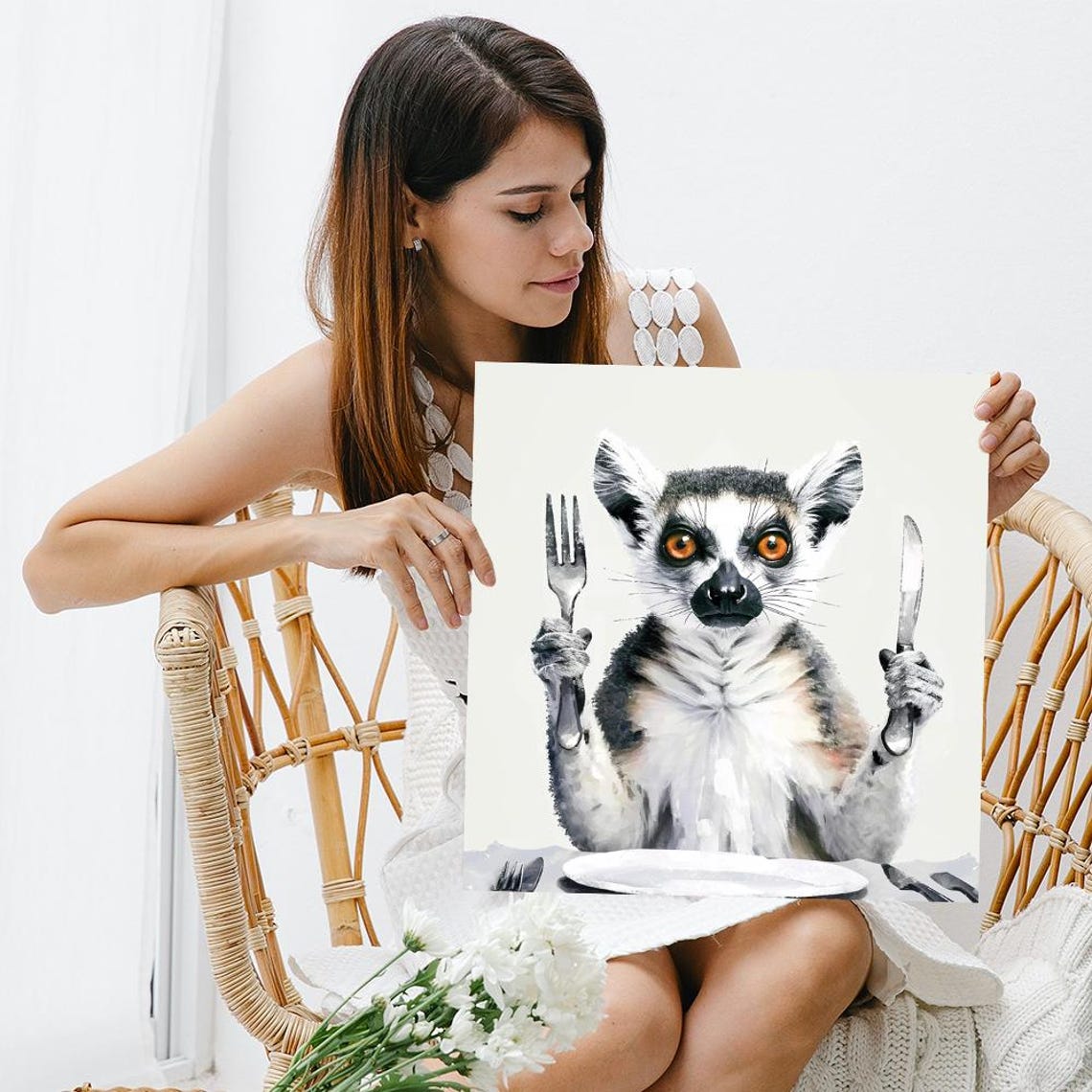Hungry Lemur With Fork And Knife Funny Dining Room Wall Art Poster - Image 3