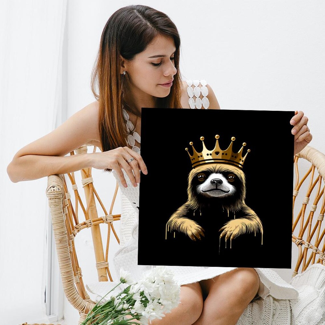 Royal Sloth Wearing Golden Crown Black And Gold Drip Art Majesty Poster - Image 3