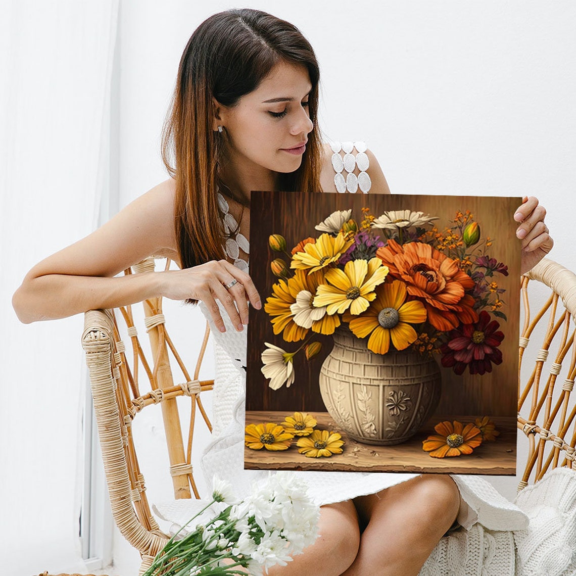 Golden Daisy Bouquet White Ceramic Vase Rustic Warm Floral Poster - Image 5