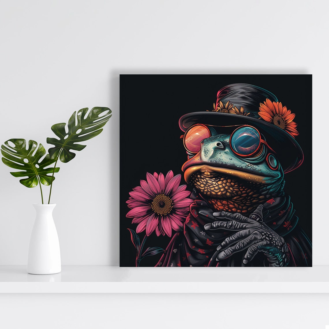 Psychedelic Frog Gentleman Hat Glasses Surreal Dark Wall Poster - Image 2