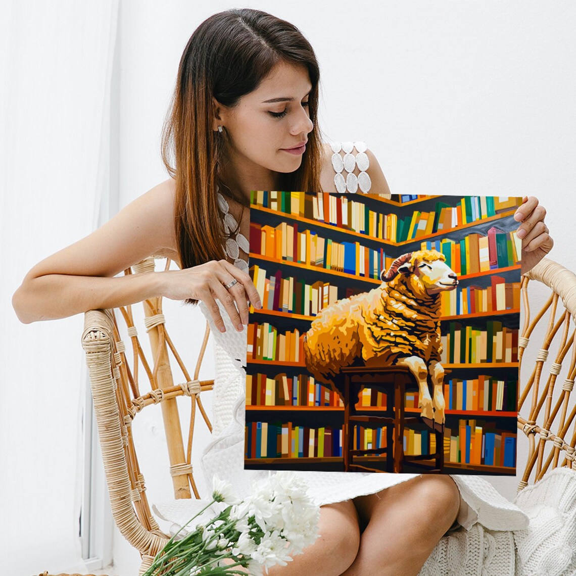 Curious Sheep Ram Sitting On Stool In Cozy Library Bookshelves Wall Poster - Image 3