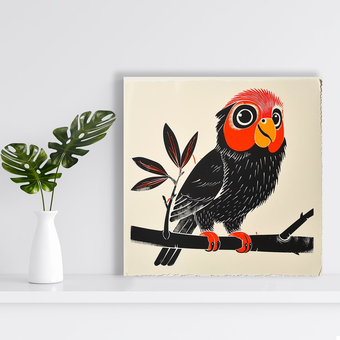 Quirky Red Headed Bird Perch Retro Woodcut Style Animal Art Poster - Image 2