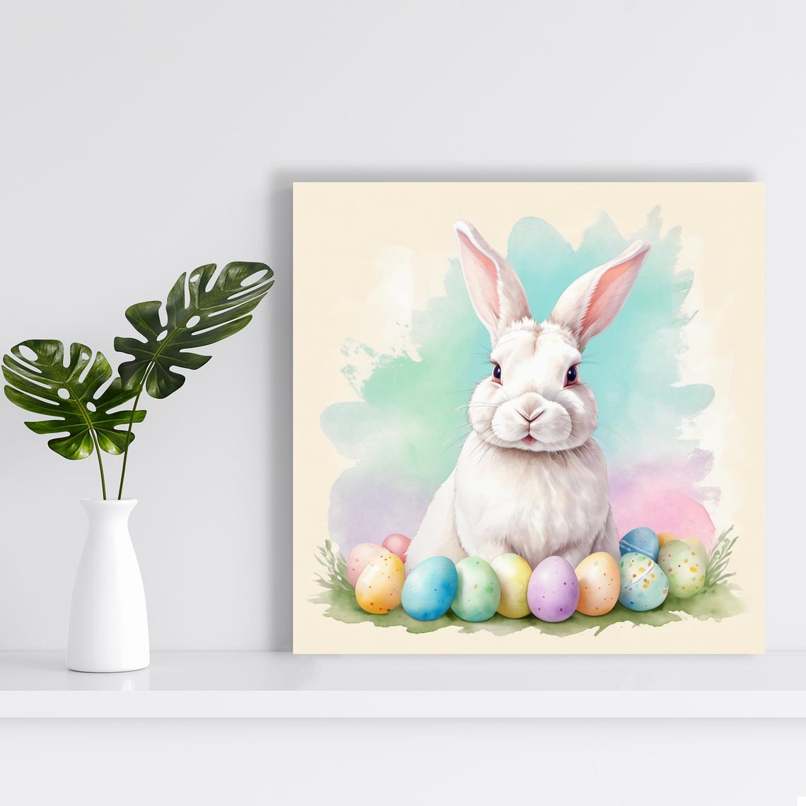 Easter Bunny With Colorful Eggs Pastel Watercolor Spring Poster - Image 2