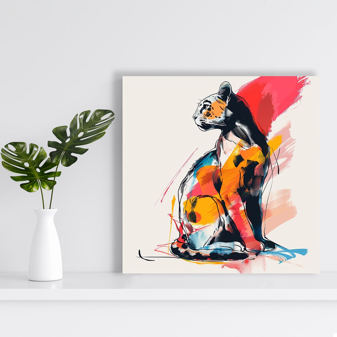 Seated Tiger Watercolor Splash Orange Red Blue Abstract Animal Poster - Image 2