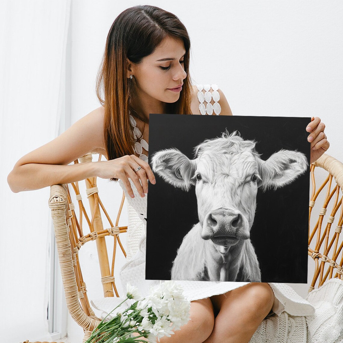 White Cow Portrait Black and White Minimalist Farm Animal Wall Art - Image 3
