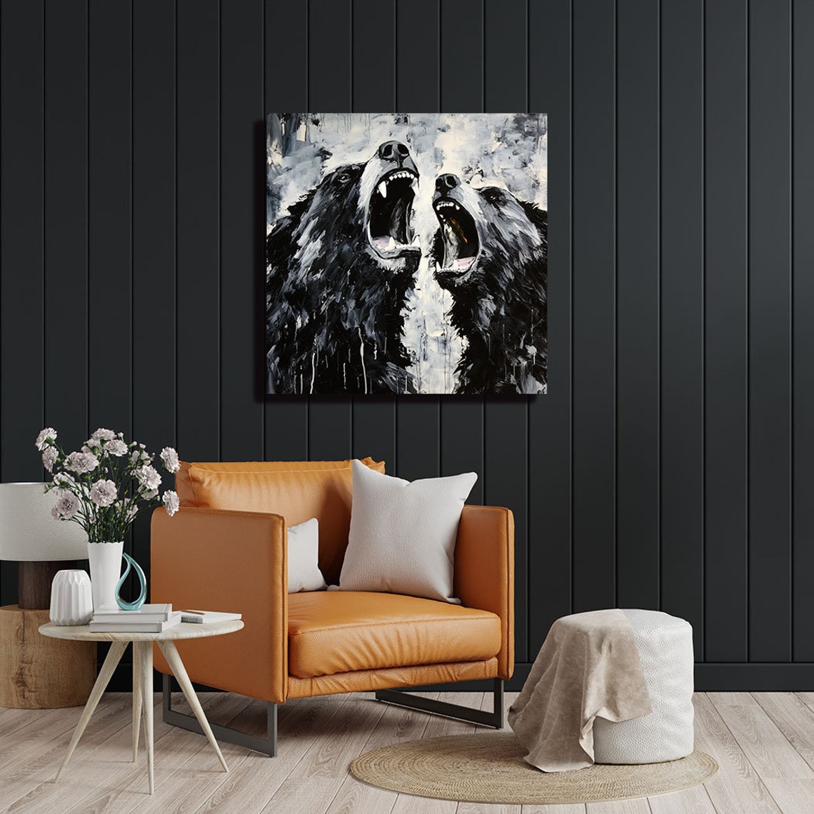 Two Black Bears Roaring Face To Face Monochrome Expressive Art Poster - Image 2