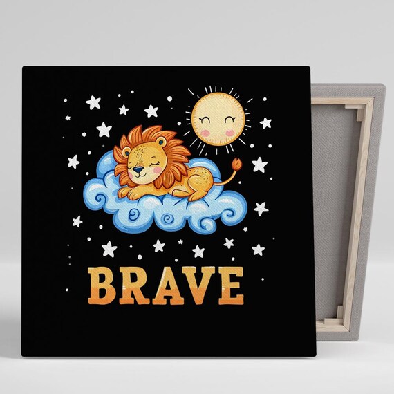 Brave Sleeping Lion Cloud Night Sky Stars Kids Motivational Art Poster