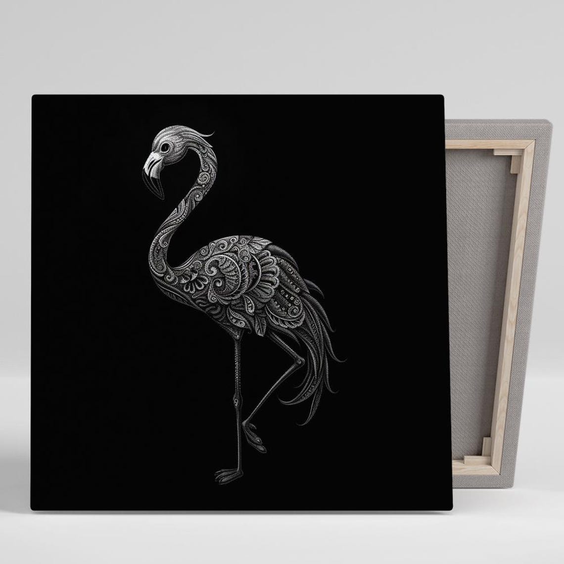Flamingo White Line Art Black Background Minimalist Elegant Art Poster