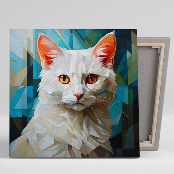 White Cat Geometric Mosaic Portrait Modern Abstract Wall Art Print
