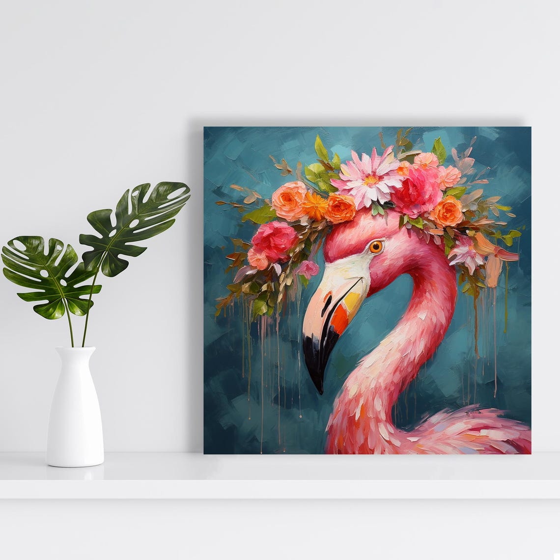 Pink Flamingo With Floral Crown Oil Painting On Teal Background Poster - Image 2