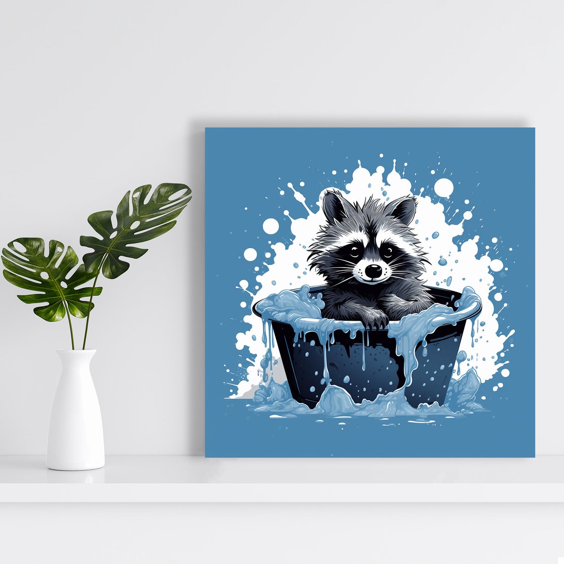 Raccoon Bath Time Splashy Blue Bathroom Funny Animal Wall Art Print - Image 2