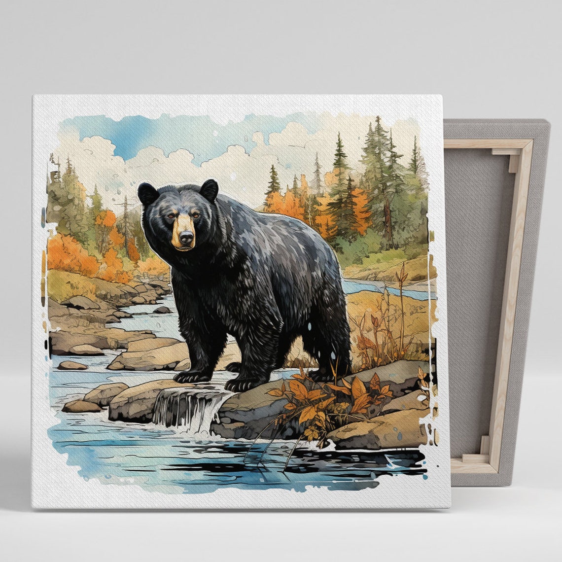 Black Bear Standing by River in Autumn Forest Wildlife Nature Poster
