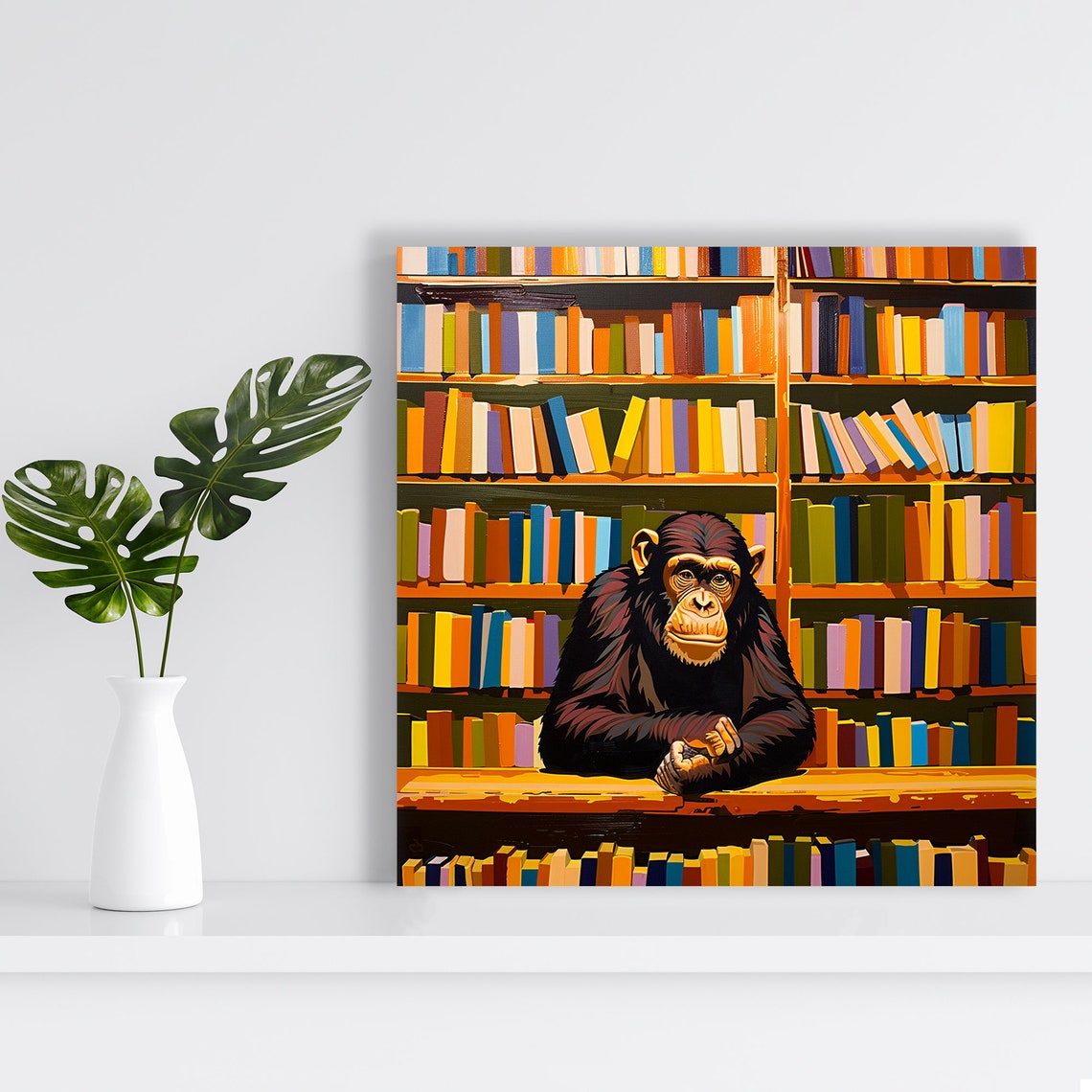 Chimpanzee Library Pop Art Colorful Bookshelf Animal Wall Poster - Image 2