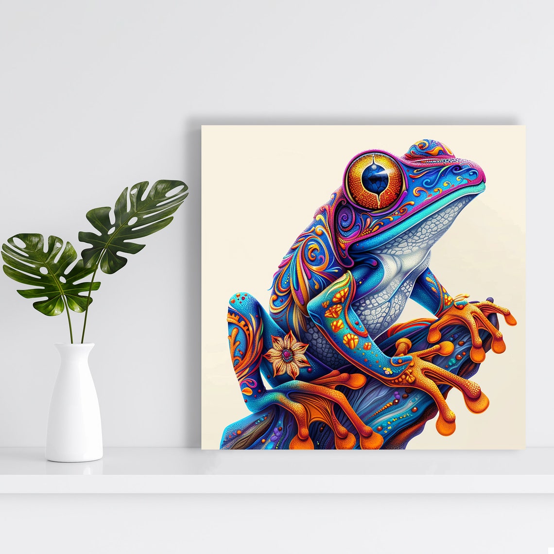 Psychedelic Tree Frog Colorful Blue Orange Boho Style Wall Art - Image 2