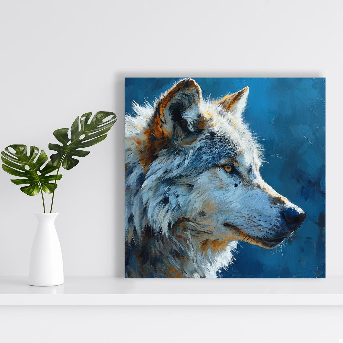 Wolf Profile Oil Painting Blue Background Alert Wild Animal Art Poster - Image 2