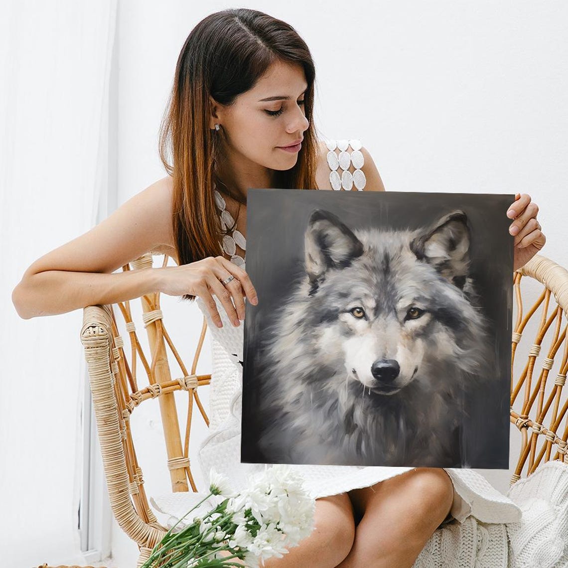Grey Wolf Portrait Amber Eyes Soft Painterly Dark Wildlife Wall Poster - Image 3