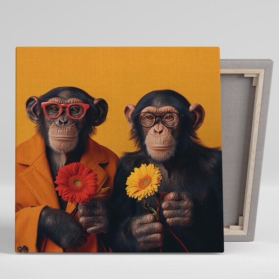 Chimpanzee Art Or Poster Whimsical Pop Animal Decor Living Room Office Game Childrens Room Wall Art Orange Red Yellow Black