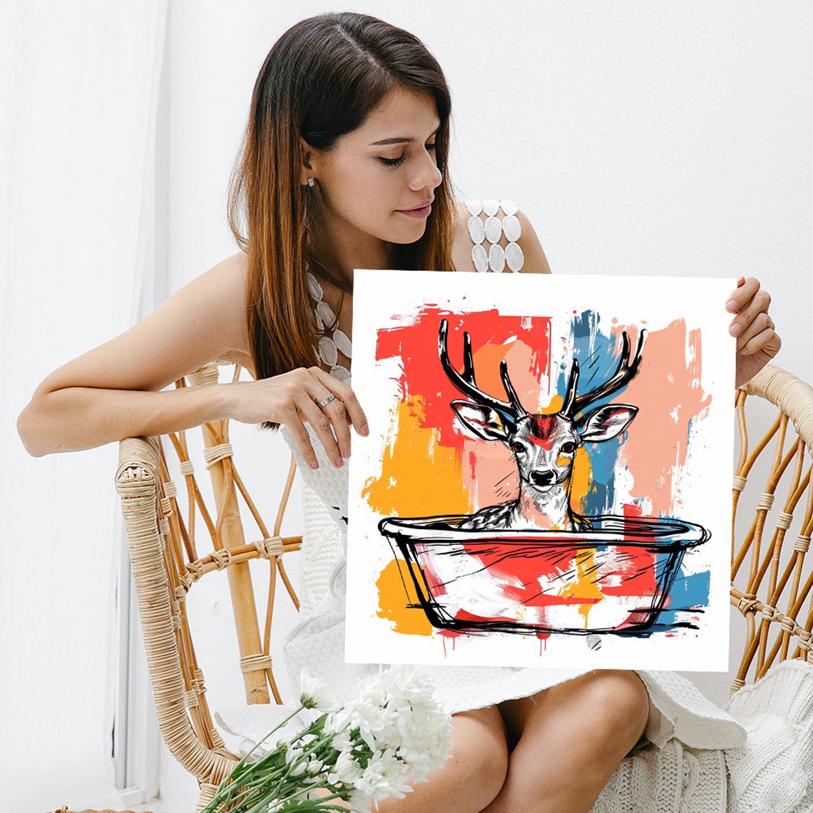 Playful Deer In Bathtub Pop Art Sketch Red Blue Splash Poster - Image 3
