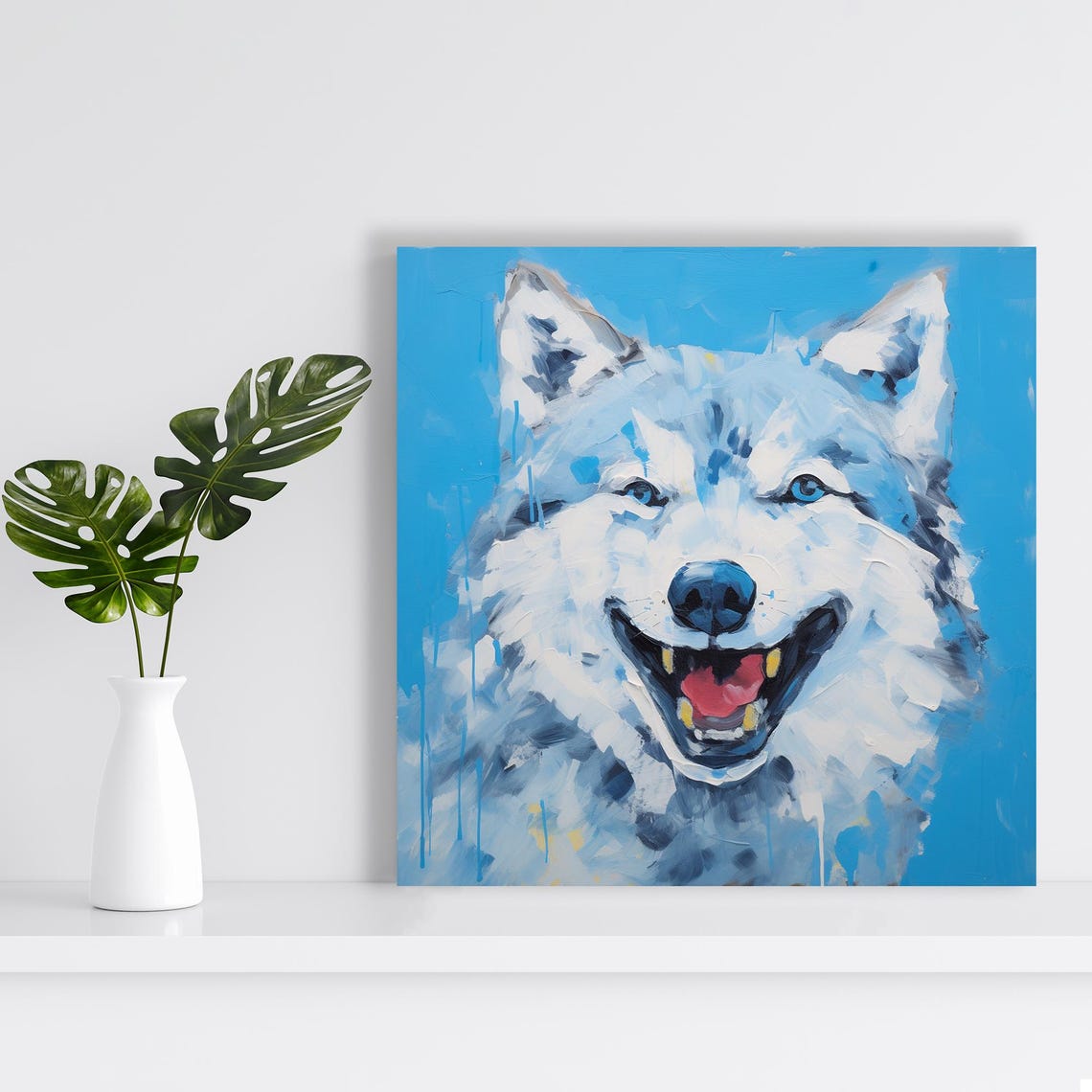 Smiling White Husky Wolf Dog Joyful Portrait Blue Pop Art Wall Poster - Image 2