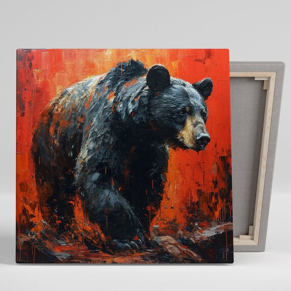Black Bear Fiery Red Orange Oil Painting Dramatic Wildlife Wall Poster