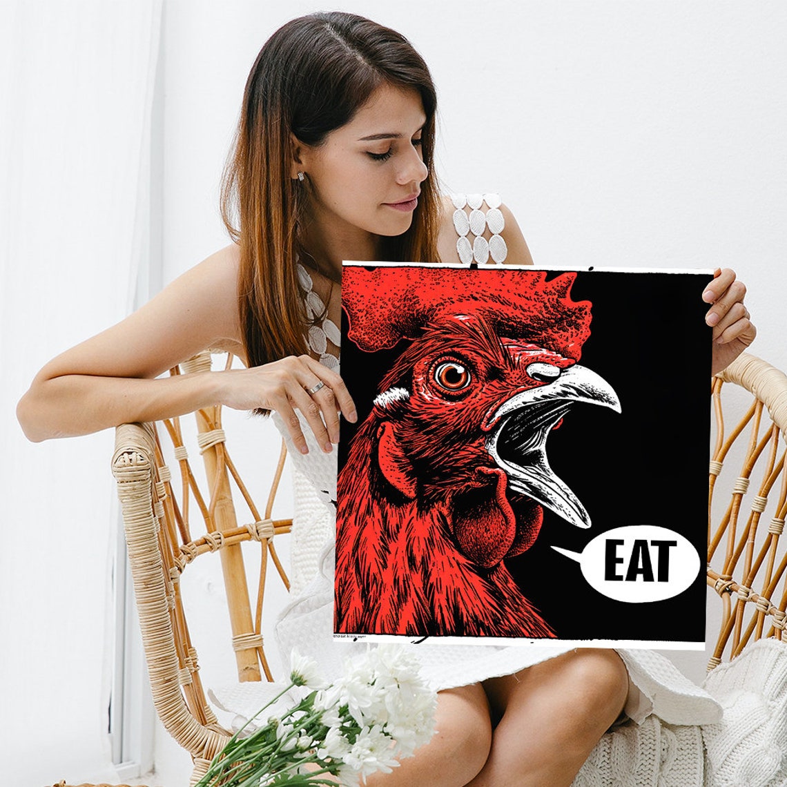 Bold Rooster Pop Art EAT Speech Bubble Red Black Kitchen Poster - Image 3
