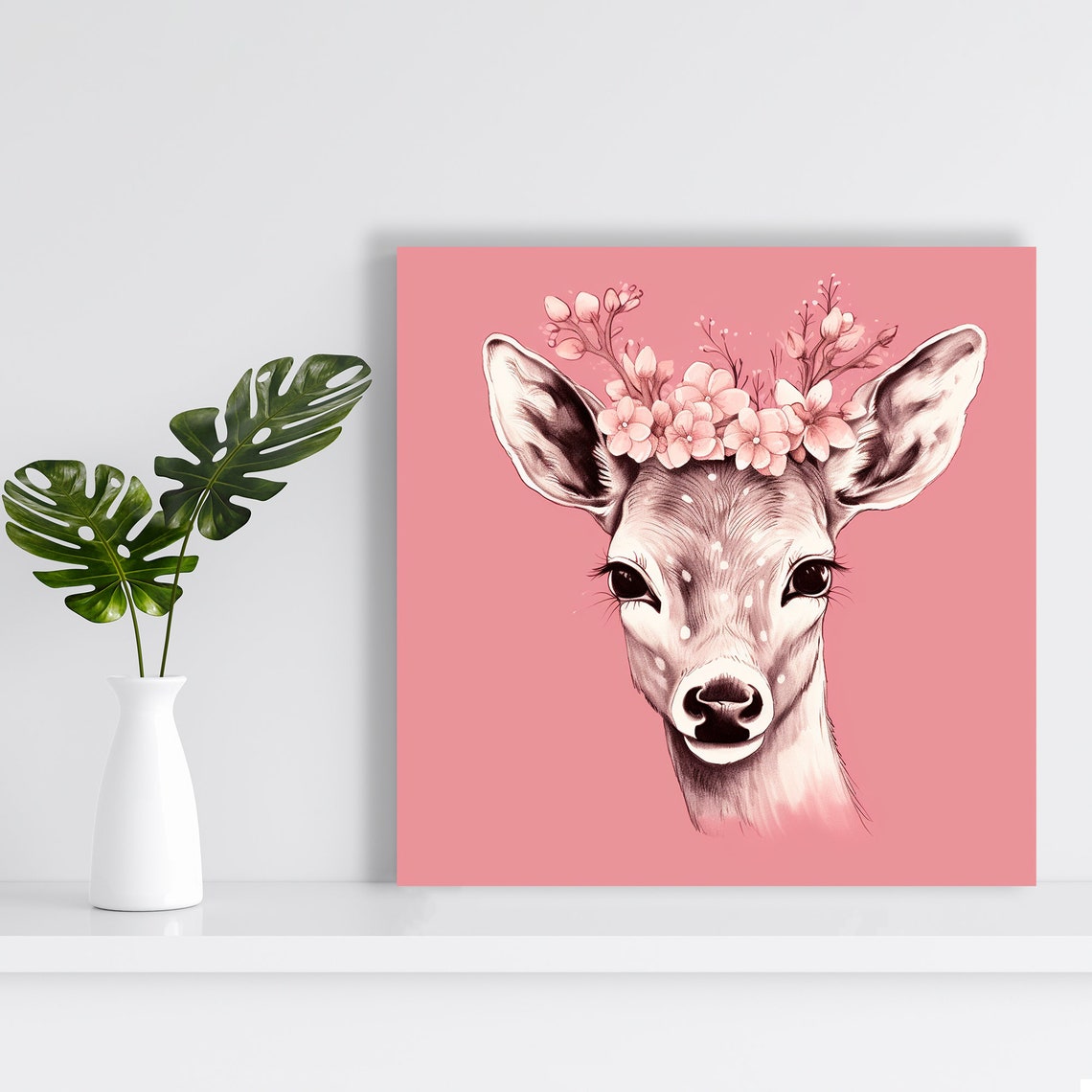 Baby Deer Floral Crown Pink Cherry Blossom Nursery Fantasy Wall Poster - Image 2